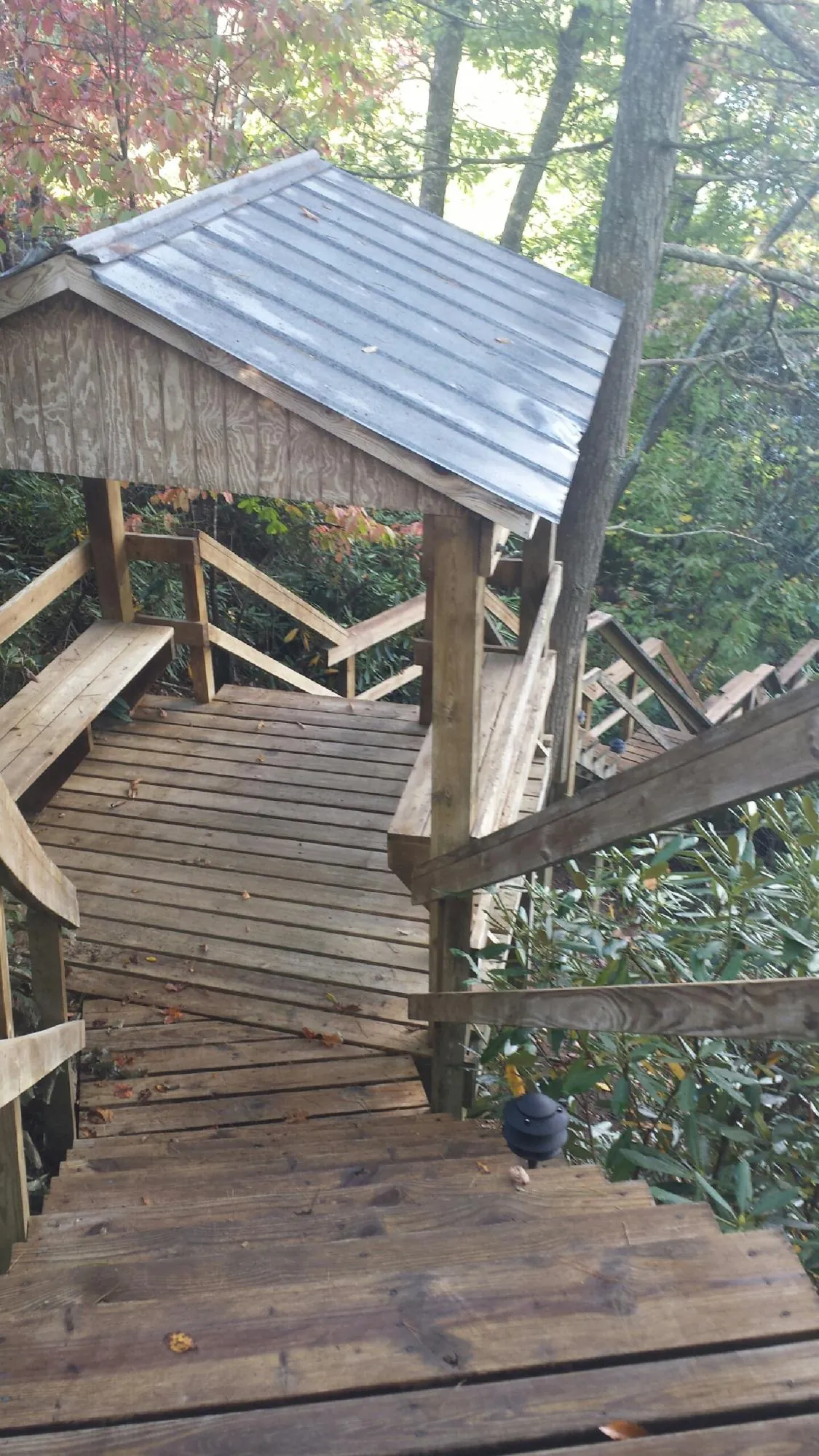 Metal roofed shelter over wooden steps on a wooded walkway — Skylight Repair & Installation work by our crew in Bon Air